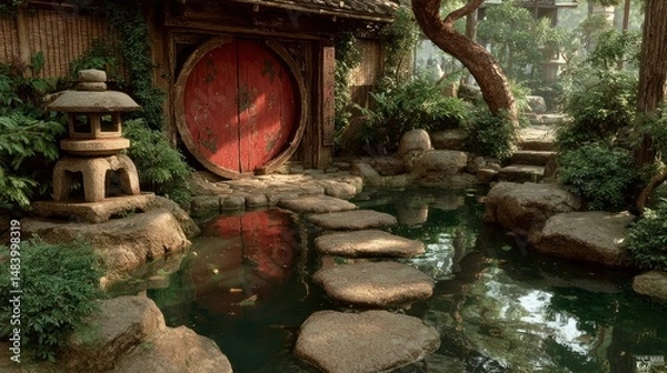 Fototapeta Tranquil Zen Garden Entrance with Stone Path and Pond