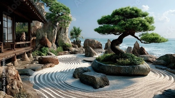 Fototapeta Serene Zen Garden by the Ocean with Wavy Sand Patterns and Lush Greenery