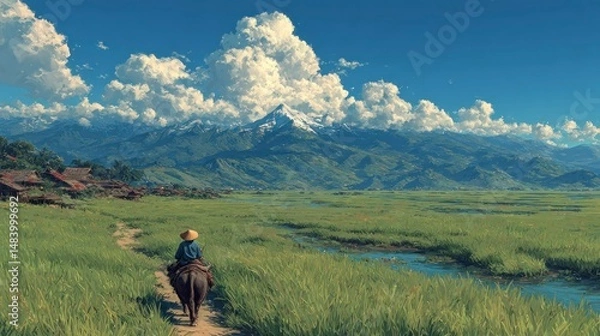 Fototapeta A serene rural scene with a person riding an animal through lush green fields under a vast sky