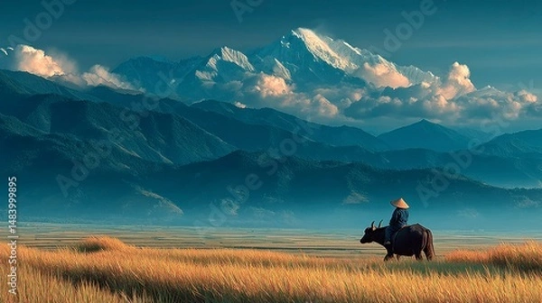 Fototapeta Tranquil Scene of a Person Riding an Animal in a Golden Field with Majestic Mountains and Cloud