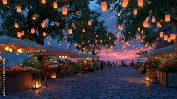 Fototapeta Enchanting Evening Market with Lanterns and Cobblestone Pathway