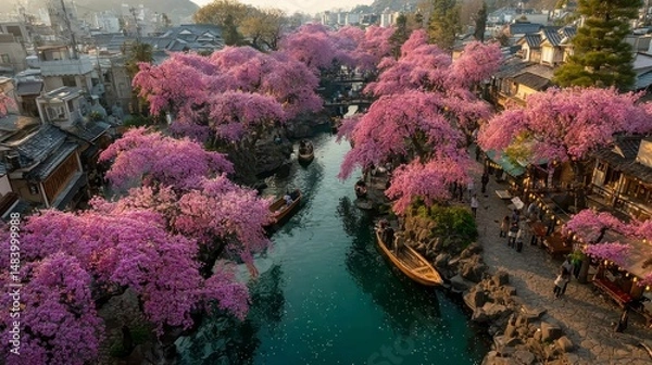 Fototapeta Cherry Blossoms in Full Bloom Over a Tranquil Canal with Traditional Boats and Lively Streets
