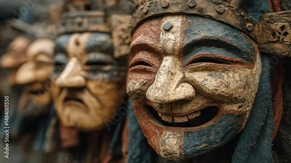 Fototapeta Traditional Wooden Masks with Vibrant Paint and Expressive Features for Cultural Artistic and