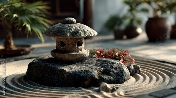 Fototapeta Tranquil Zen Garden with Stone Lantern and Raked Sand Serene Meditation Space for Peaceful Ref