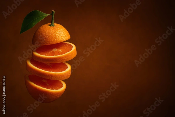 Obraz floating sliced orange with green leaf on brown gradient background, juicy tropical fruit in mid-air with copy space for advertising banner or health promotion design