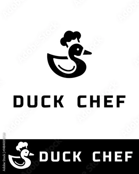 Fototapeta Creative duck chef logo featuring a stylized duck wearing a chef hat in black and white 
