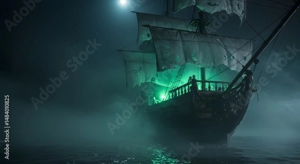 Fototapeta Ghost Ship Sailing Under Full Moon in Fog