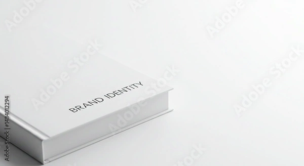 Fototapeta A close up shot of a white book titled brand identity on a white surface with soft lighting effect