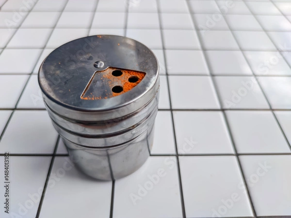 Fototapeta A silver chili powder dispenser sits on a black-and-white checkered tile surface. Reddish residue near the dispensing holes indicates its contents.