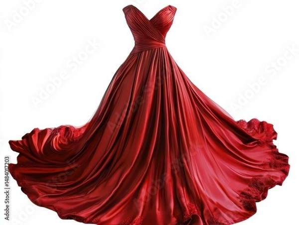 Fototapeta Elegant crimson gown with flowing skirt and draped bodice on a white plain background studio shot