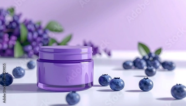 Fototapeta Purple Cream Jar with Blueberries and Flower