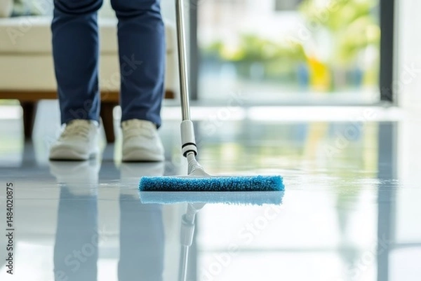 Fototapeta Person mopping a shiny floor with a blue mop in a bright room with a window and a glimpse of a couch