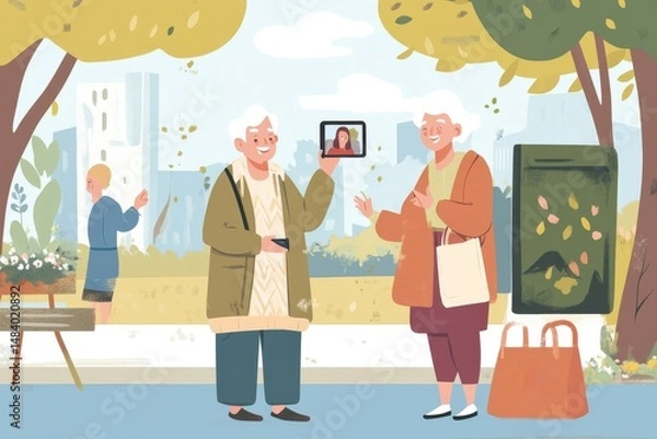 Fototapeta Two elderly women video chatting with a younger woman in a park on a tablet device happily smiling
