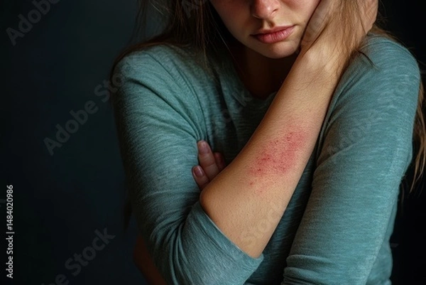 Fototapeta Close up of a woman with a skin rash on her arm wearing a long sleeved shirt in a dark setting
