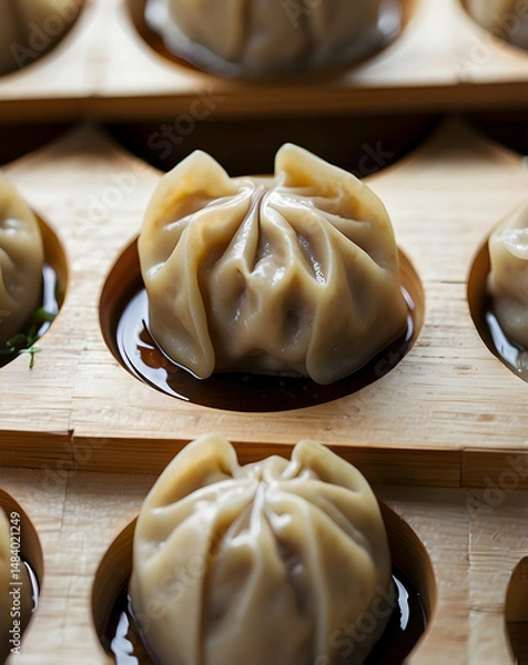 Fototapeta Steamed Beef Dumplings in Bamboo Steamer