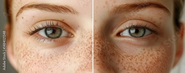 Fototapeta Close up of face with freckles and green eyes in a split screen comparison of skin conditions