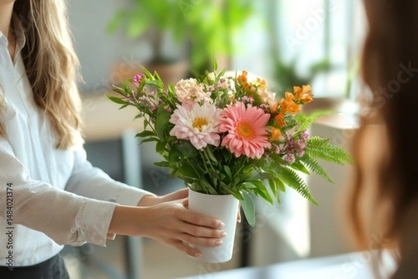 Fototapeta Woman presenting a bouquet of colorful flowers in a white vase to another person indoors near a plant