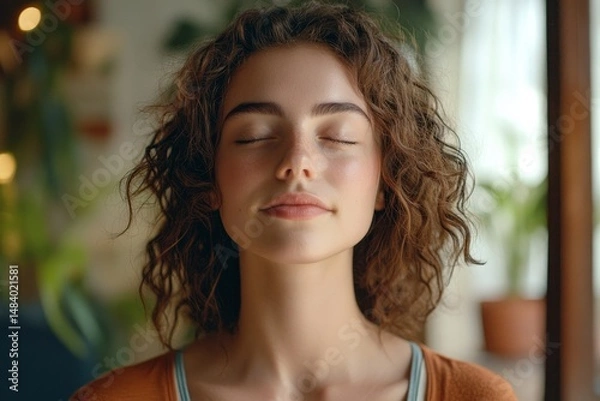 Fototapeta Portrait of a serene woman with curly hair meditating indoors surrounded by houseplants in soft lighting