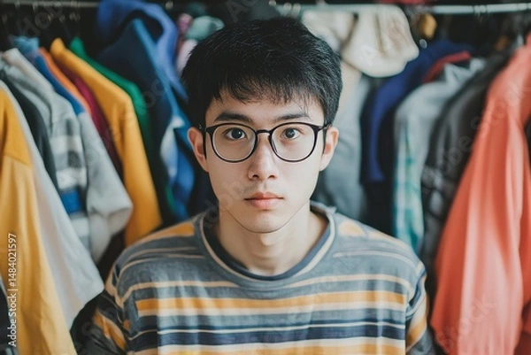 Fototapeta A young man with glasses stands in front of a closet full of colorful clothes and neutral background