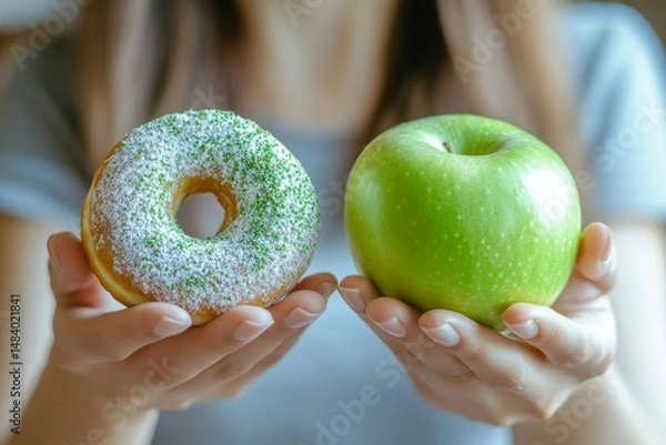 Fototapeta Person holding a doughnut with green sprinkles and a green apple in their outstretched hands close up