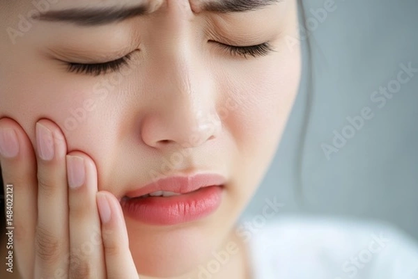 Fototapeta Close up of asian woman with eyes closed holding her cheek in pain with a worried expression on her face