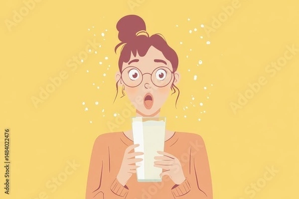 Fototapeta Woman with glasses holding a glass of milk looking surprised against a yellow background with sparkles