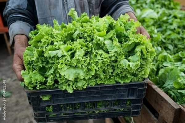 Fototapeta Person holding a crate filled with fresh green lettuce at an outdoor market or agricultural setting