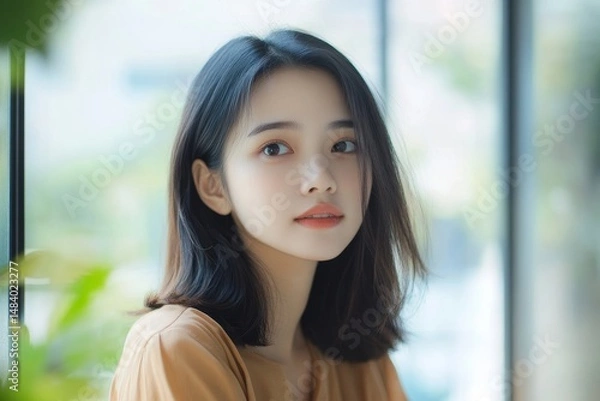 Fototapeta Portrait of a young woman with short dark hair looking slightly to the right with a neutral expression