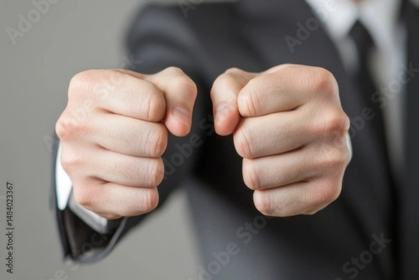 Fototapeta Close up of two clenched fists held forward by a man in a suit against a gray background studio shot