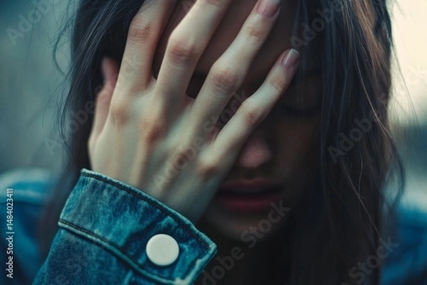 Fototapeta Close up of a woman with her hand covering her face wearing a denim jacket in a somber setting
