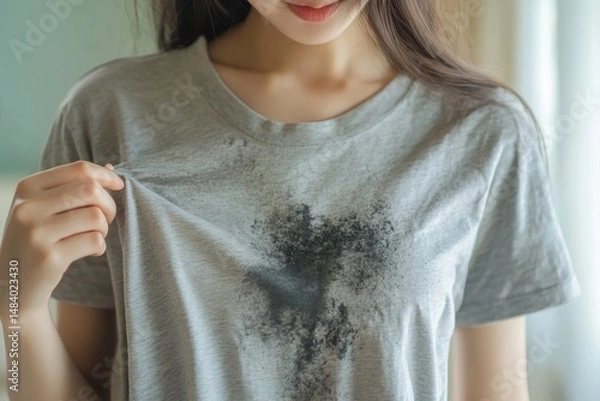Fototapeta A woman in a gray t shirt with a dark wet stain on the chest area holding the fabric with her hand
