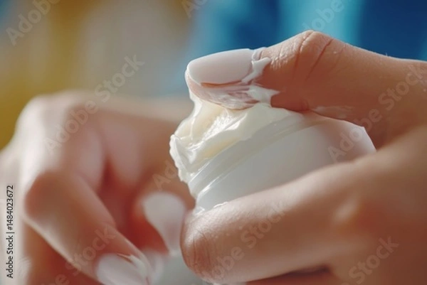 Fototapeta Close up of hands tearing a ball of fresh mozzarella cheese with white painted fingernails visible
