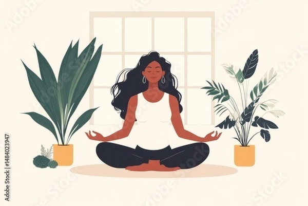 Fototapeta Woman meditating in lotus position surrounded by potted plants in front of a window indoors