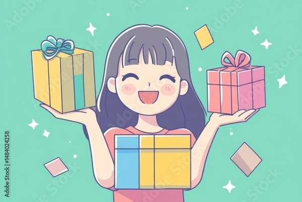 Fototapeta Cartoon girl holding three gifts with bows and confetti on a light green background with stars