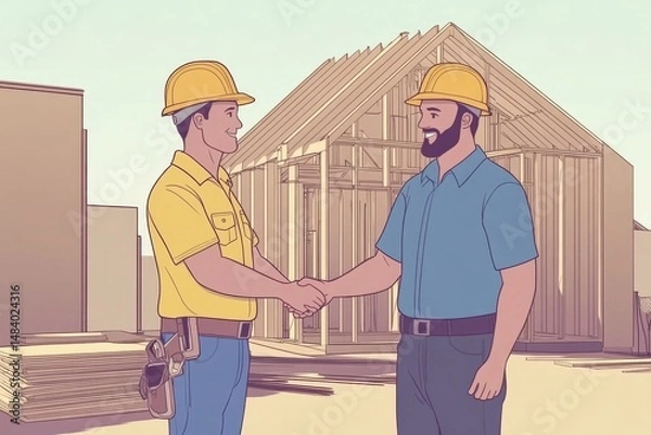 Fototapeta Two construction workers shaking hands in front of a house frame on a construction site outdoors
