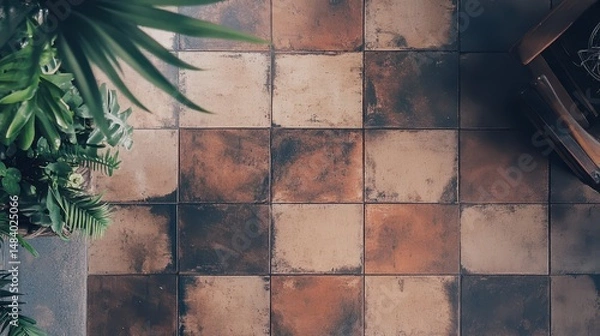 Fototapeta Tiles and plants create a cozy vibe