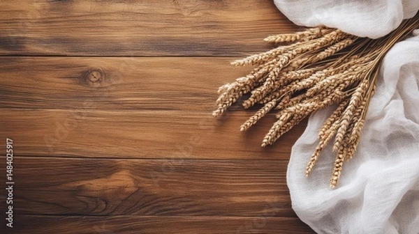 Fototapeta Dried wheat stalks arranged on wooden table