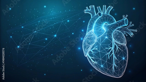Obraz Human heart wireframe. World heart day concept. Banner template glowing low poly. Futuristic modern abstract. Isolated on dark background. Vector illustration.