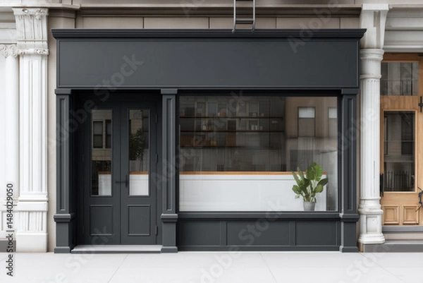 Fototapeta Realistic storefront mockup, local shop store glass window, small business commercial branding showcase