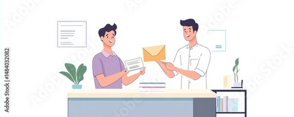 Fototapeta Two men exchanging a letter and a document in an office setting with plants and bookshelves visible