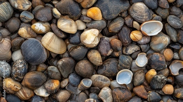 Fototapeta Seashells scattered along a pebbly shore