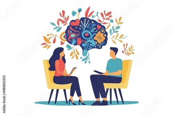 Fototapeta Illustration of a therapy session with a brain graphic and two people sitting in yellow chairs