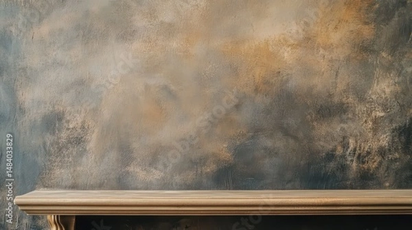 Fototapeta Textured wall with wooden shelf in neutral tones