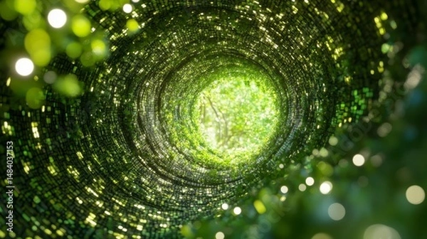 Obraz Lush green leaves form a swirling tunnel leading to bright light.