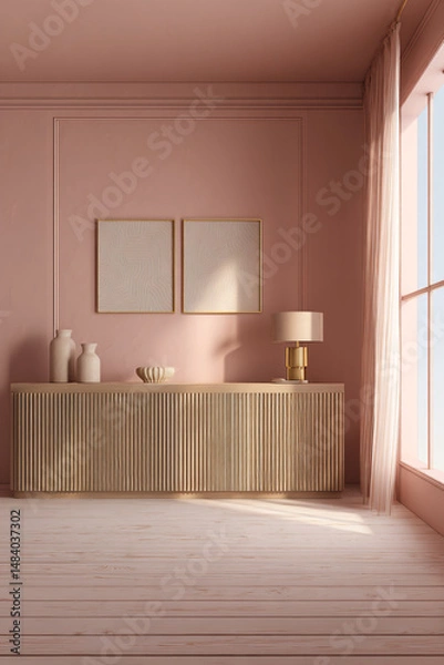Fototapeta Modern Minimalist Interior Design Living Room Decor Bright Natural Light Architecture Wood Furniture Pink Wall Textures Artwork Warmth Shelves Cabinets Comfort Cozy Ambience Relaxed Style