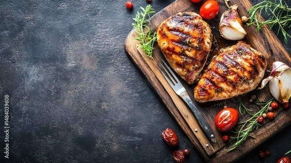 Fototapeta Grilled chicken with veggies and herbs