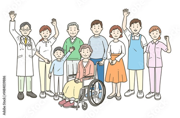 Obraz 高齢者夫婦と家族と医師と看護師と介護士とケアマネージャーが集合して手を振る全身イラスト