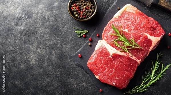 Fototapeta Fresh cuts of beef ready for seasoning and cooking