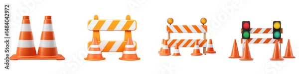 Fototapeta Traffic cones and construction barriers in various designs.