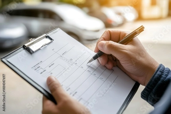 Fototapeta Man filling out a form on a clipboard with cars in the background in a bright and sunny setting